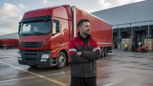 HGV delivery driver beside a truck at a UK logistics depot